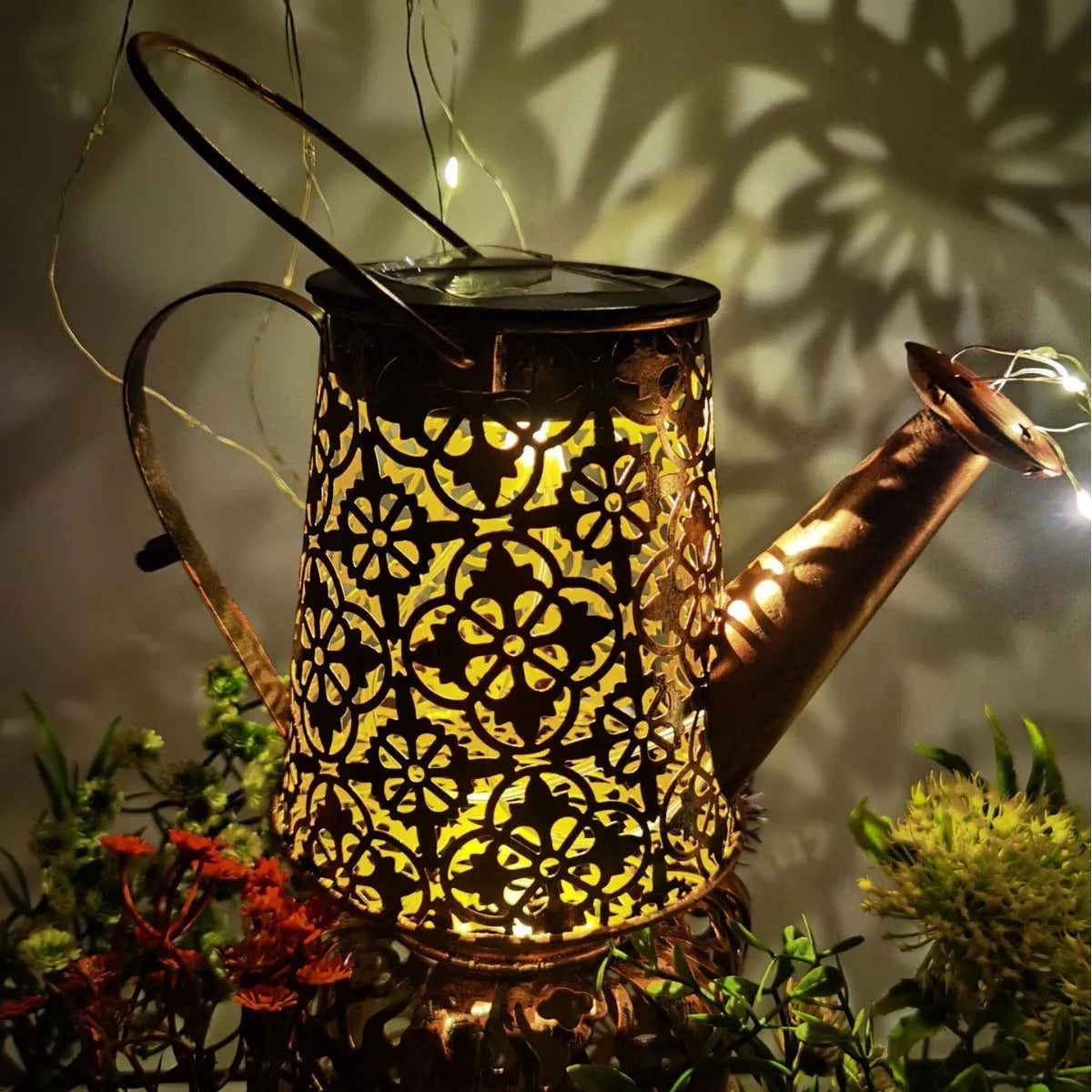 Solar-powered butterfly kettle lamp for outdoor courtyard decoration with wrought iron construction