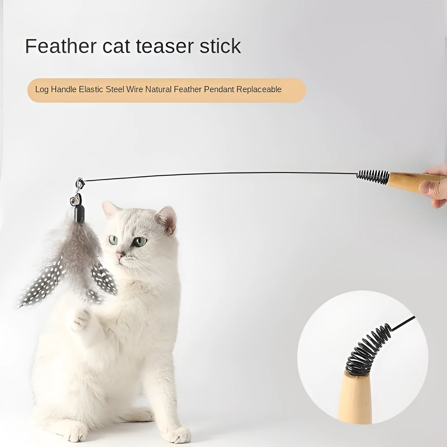 Wooden handle cat teasing stick with spring and four feather bell replacement heads in different colours