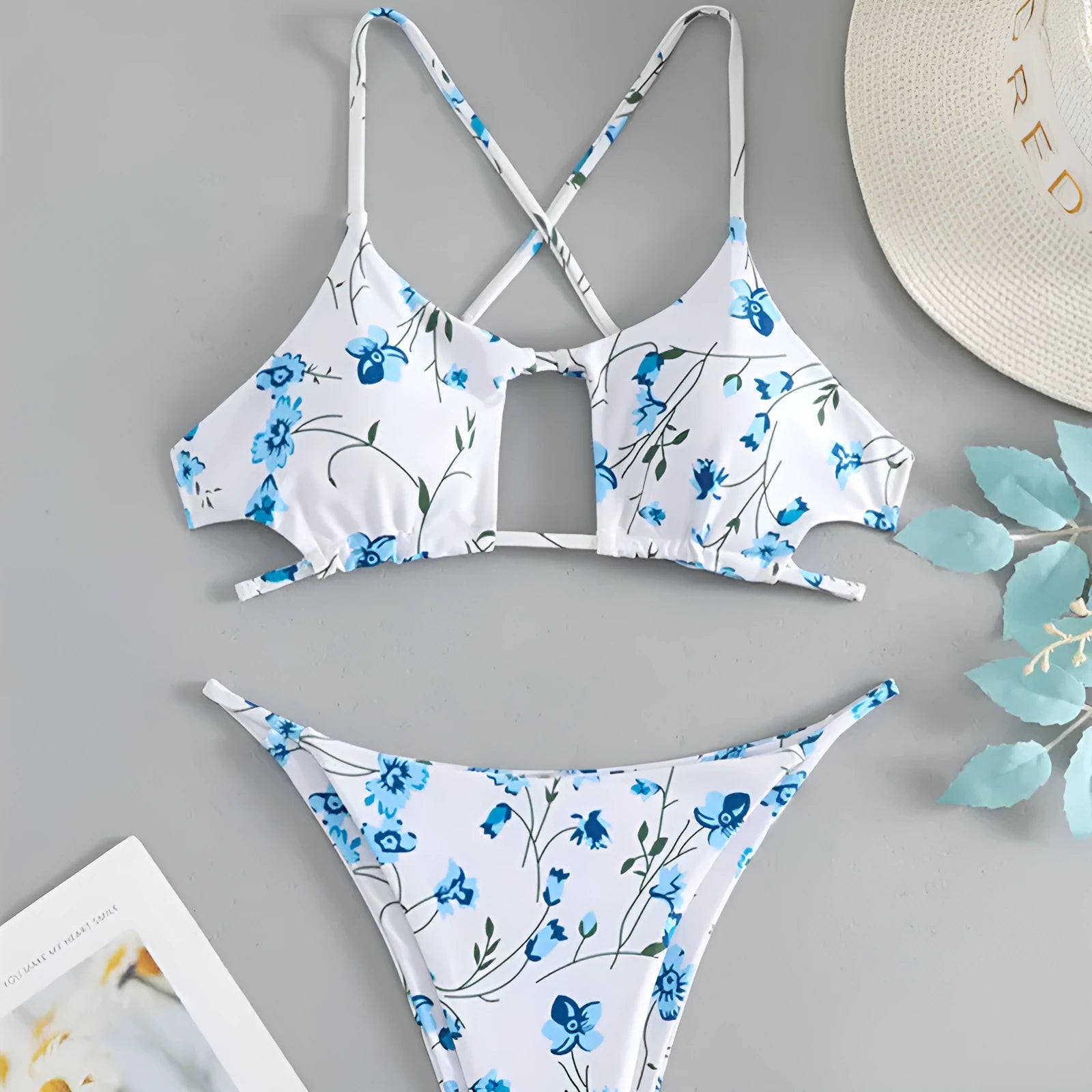 Floral tie-neck triangle bikini top with matching ruffle shorts swimsuit set