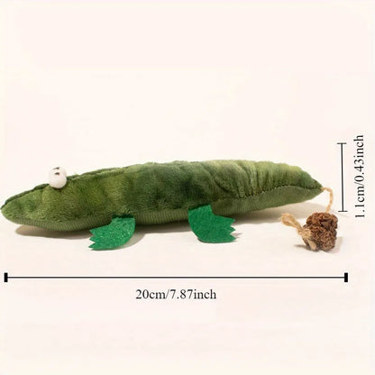 Green fabric plush alligator cat toy with catnip and peppermint scent for oral care.
