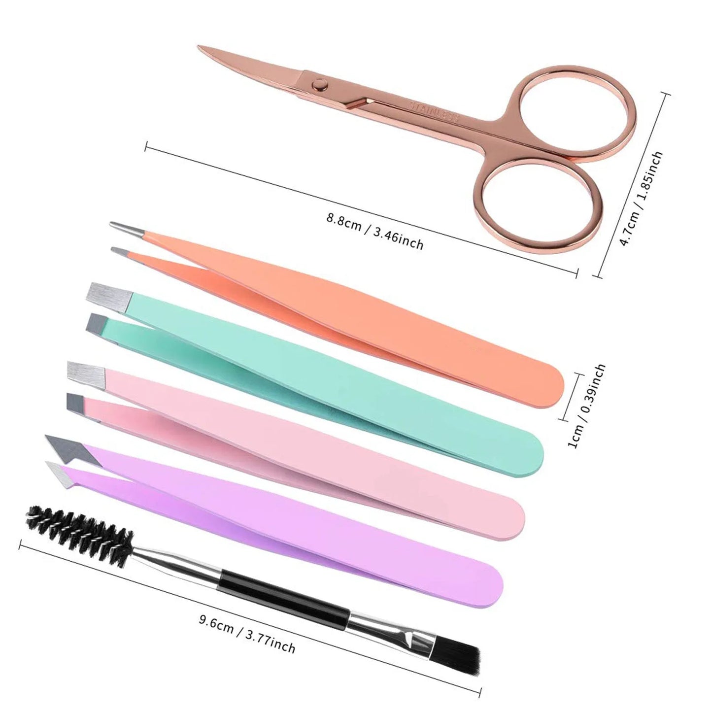 Professional stainless steel eyebrow tweezers set with scissors, brush, and leather case.