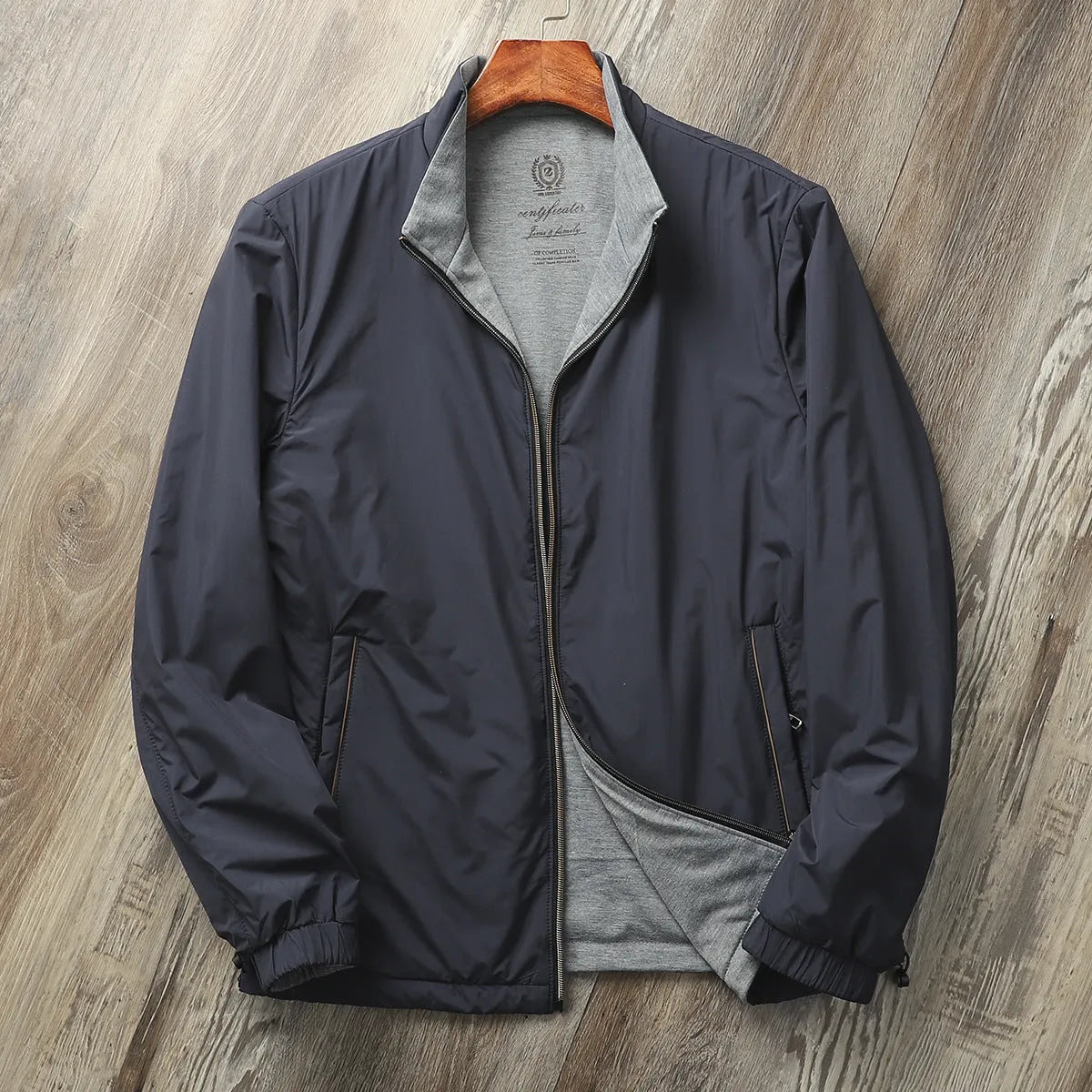 Men's stand collar casual jacket in polyester fibre with cotton lining, shown in available colours