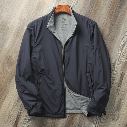 Men's stand collar casual jacket in polyester fibre with cotton lining, shown in available colours
