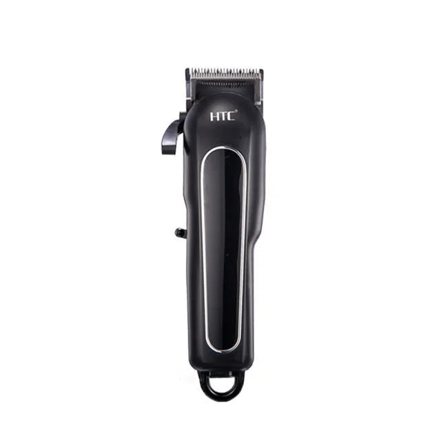 Professional digital electric hair clipper with brushless motor, charger, combs, and cleaning kit in black, red, and white colours.