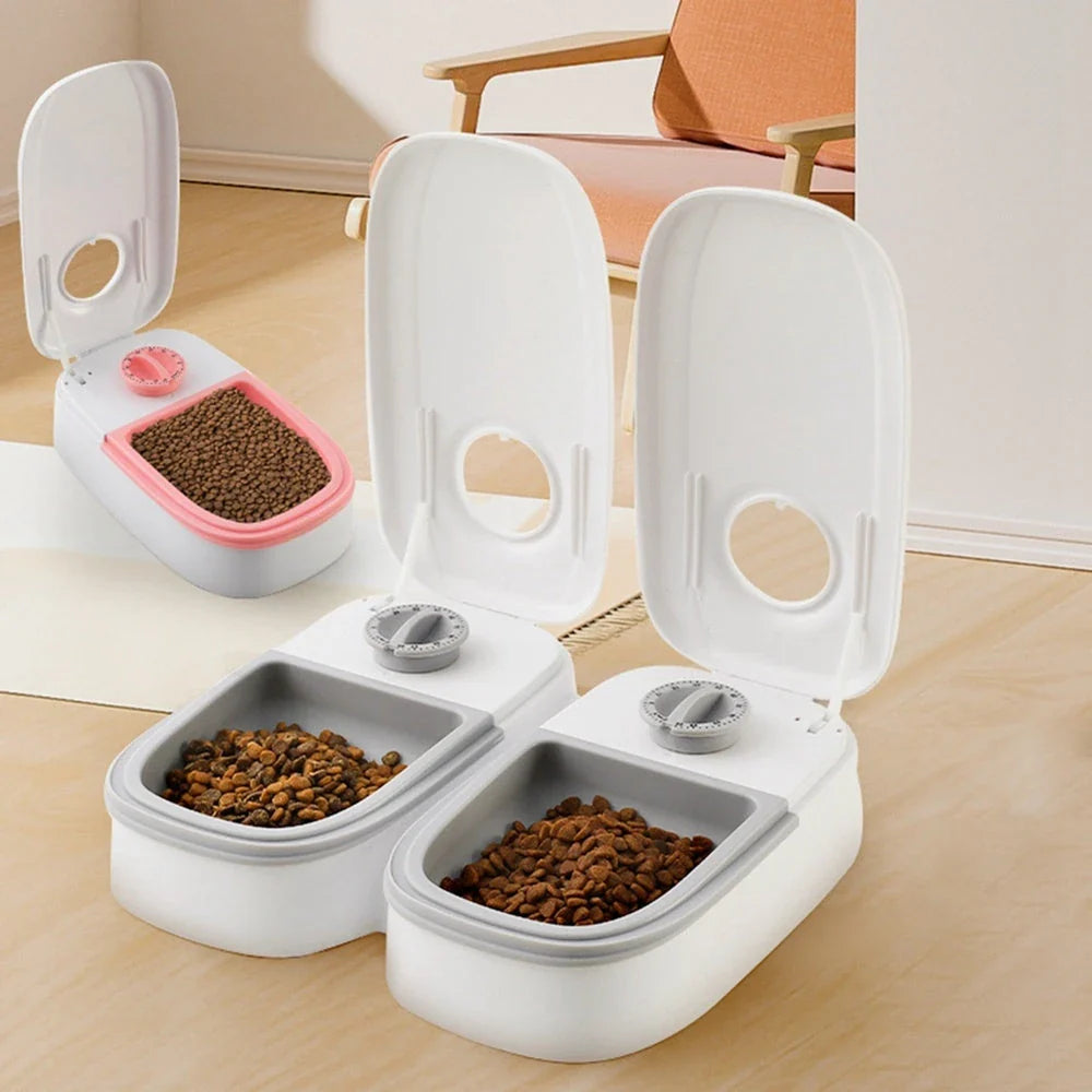 Automatic pet feeder with gravity-powered food and water dispensing system for cats and dogs
