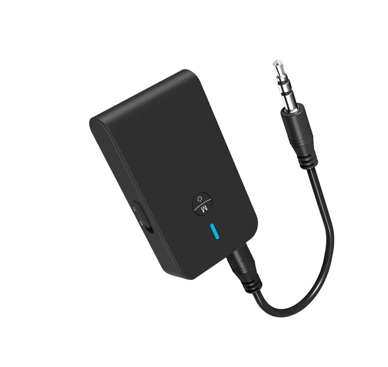Black Bluetooth audio adapter with 3.5mm AUX cable for wireless music streaming.