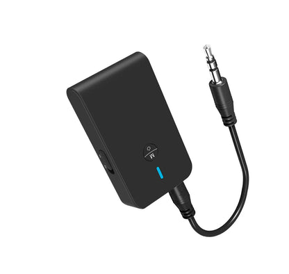 Black Bluetooth audio adapter with 3.5mm AUX cable for wireless music streaming.