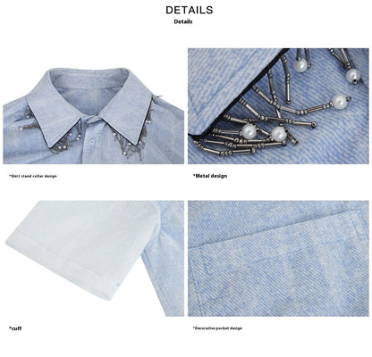 Men's blue and white gradient quilted shirt with loose fit and short sleeves