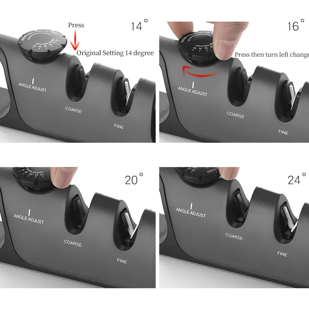 Grey-black manual sharpener with adjustable mechanism for knives and scissors measuring 265x70x45mm