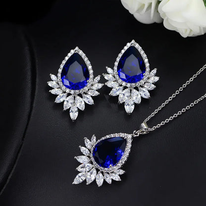 AAA jewellery set with zinc alloy necklace and earrings featuring crystal stones in blue, red or white options