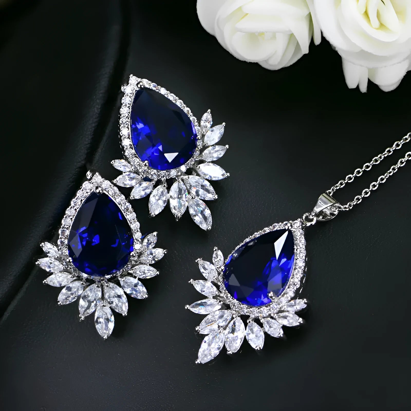 AAA jewellery set with zinc alloy necklace and earrings featuring crystal stones in blue, red or white options