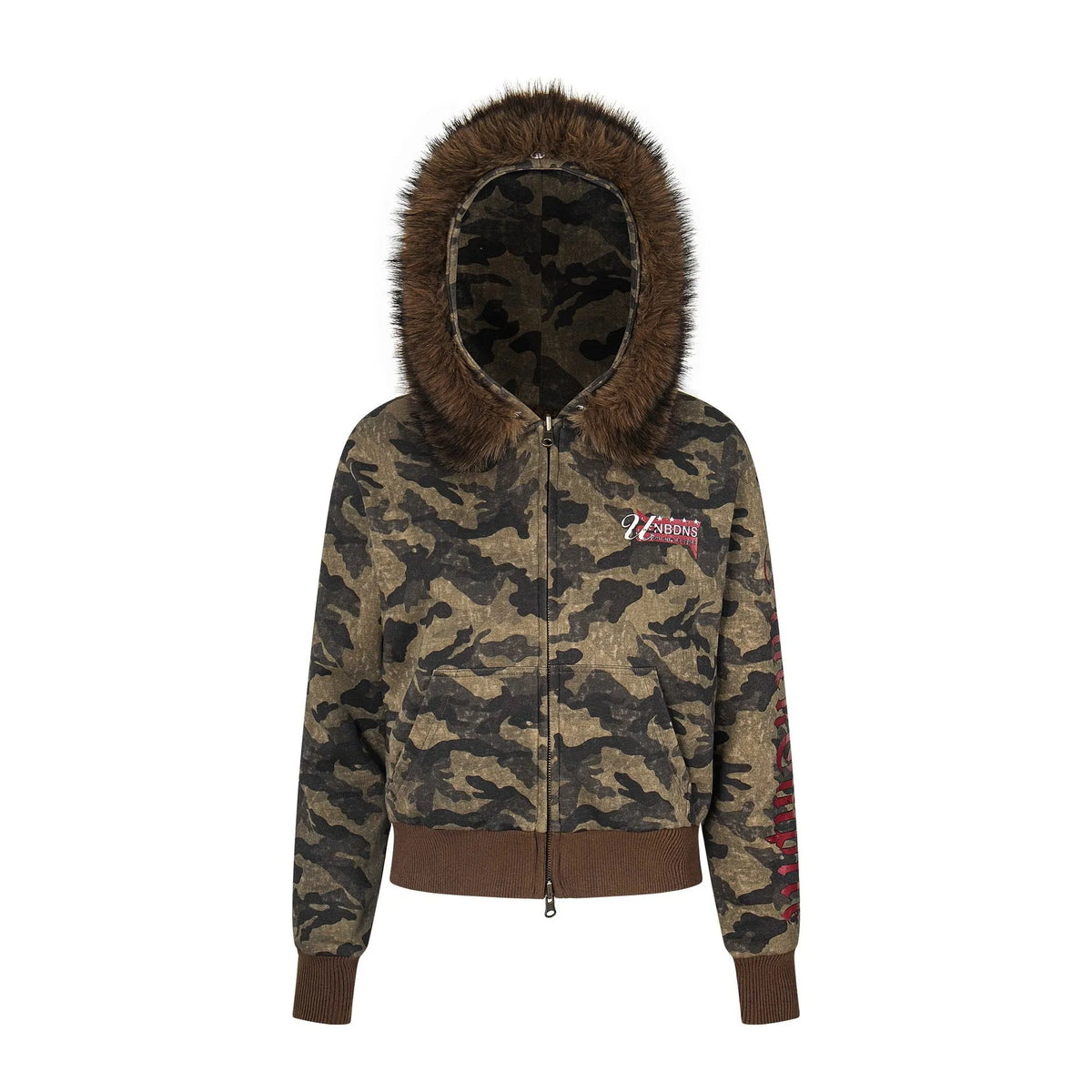 Women's camouflage reversible hooded jacket with detachable fur hood, cotton, long sleeves, sizes S M L