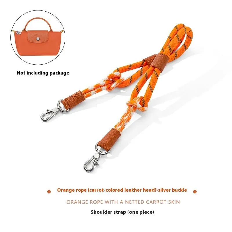 Braided rope and leather shoulder strap with a metal buckle in gold or silver finish
