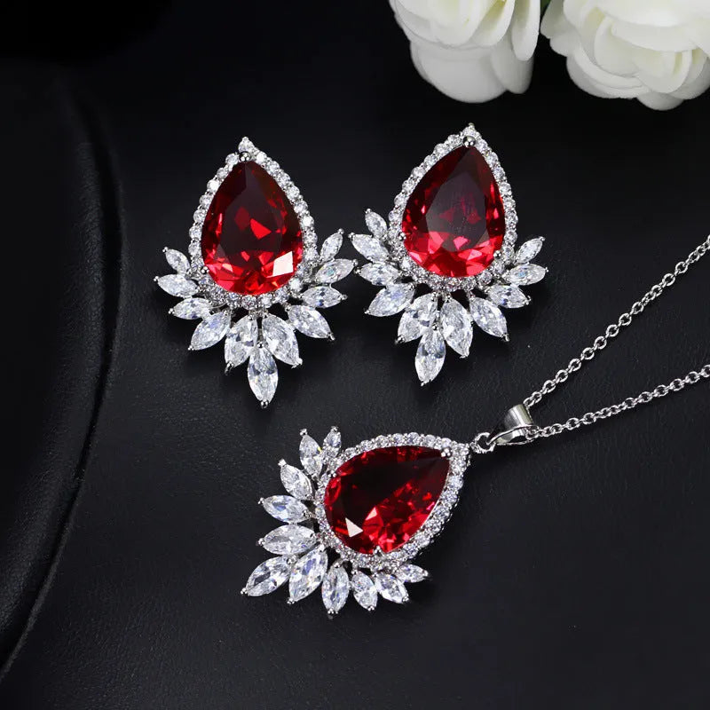 AAA jewellery set with zinc alloy necklace and earrings featuring crystal stones in blue, red or white options