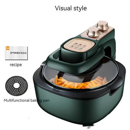 Green 6L air fryer with touch controls, 335x325x295mm dimensions, 1500W power for family cooking