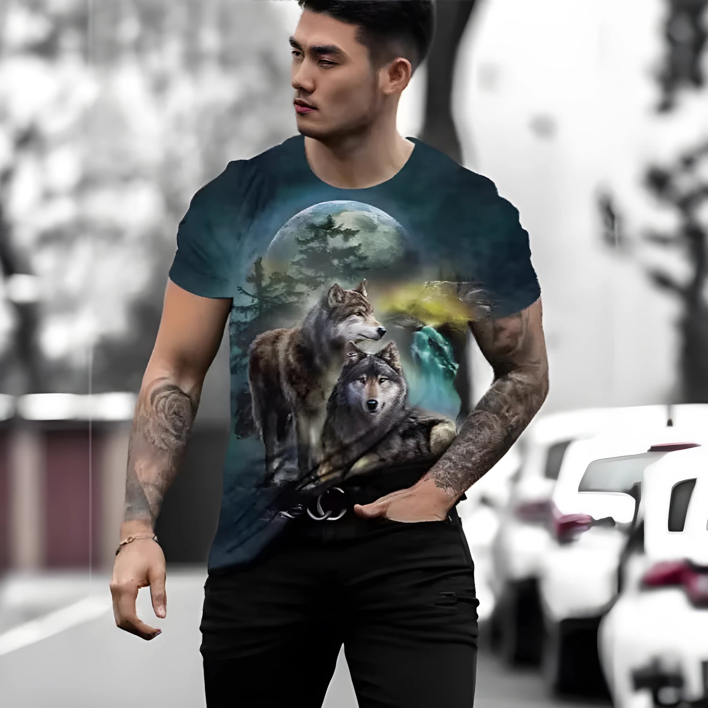 Retro-style men's short-sleeved T-shirt featuring a vibrant 3D animal graphic print on lightweight fabric.