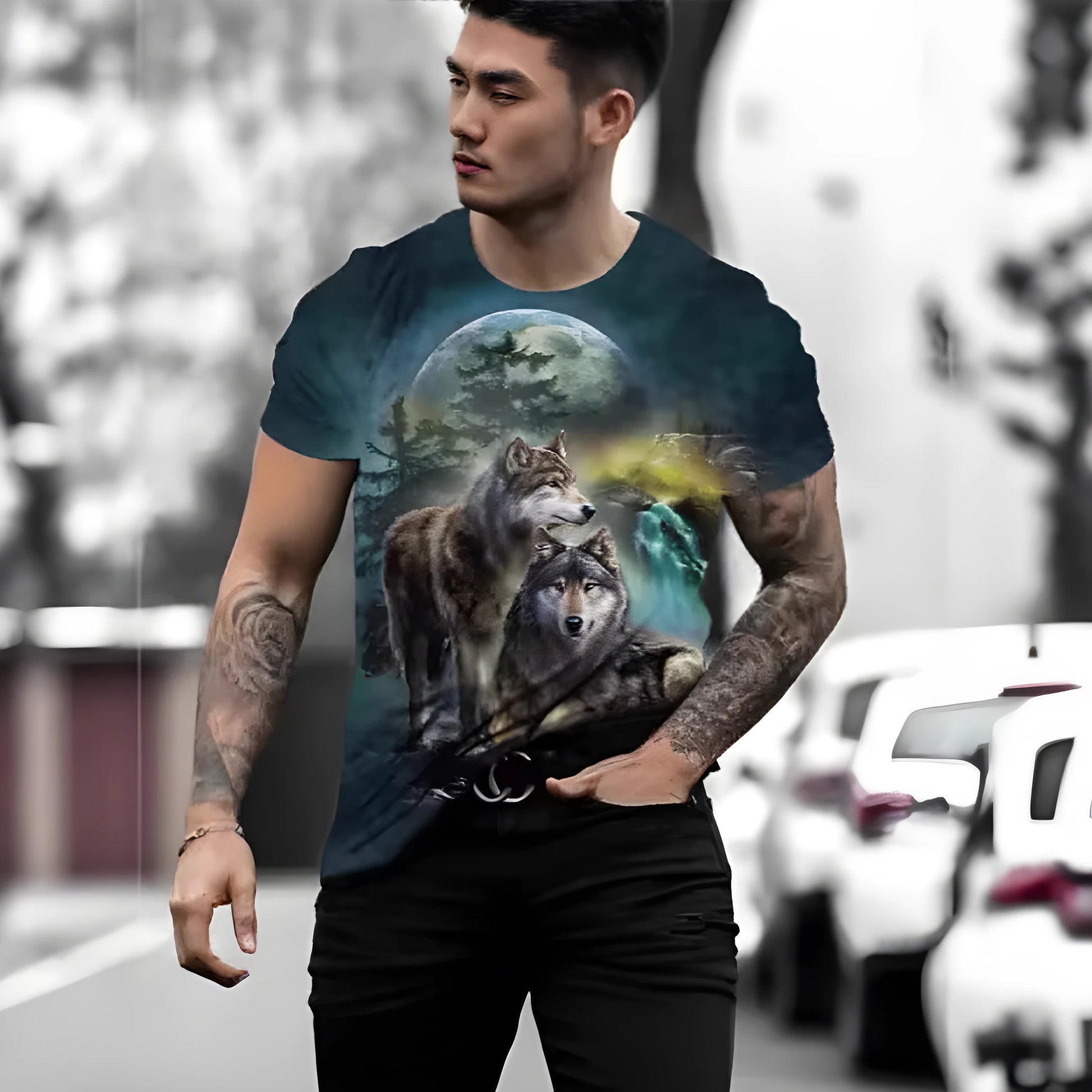 Retro-style men's short-sleeved T-shirt featuring a vibrant 3D animal graphic print on lightweight fabric.