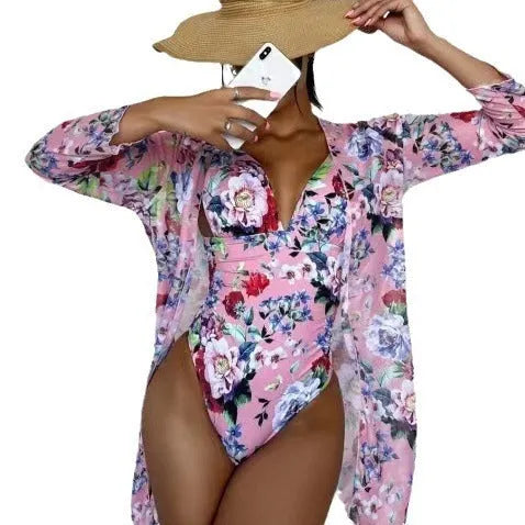 Women's floral pattern bikini three-piece swimsuit set with cover-up coat in multiple colour options