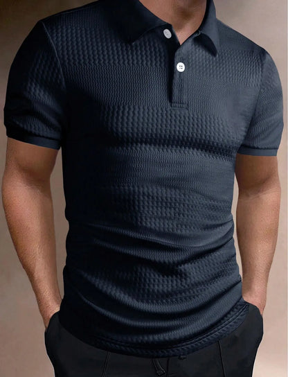 Men's striped loose fit polo shirt with short sleeves and asymmetric design detail in light blue.