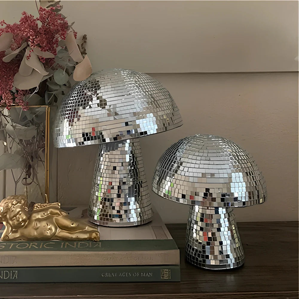 Handmade mirror glass mushroom ornament with geometric brick pattern in silver, gold, or rose gold