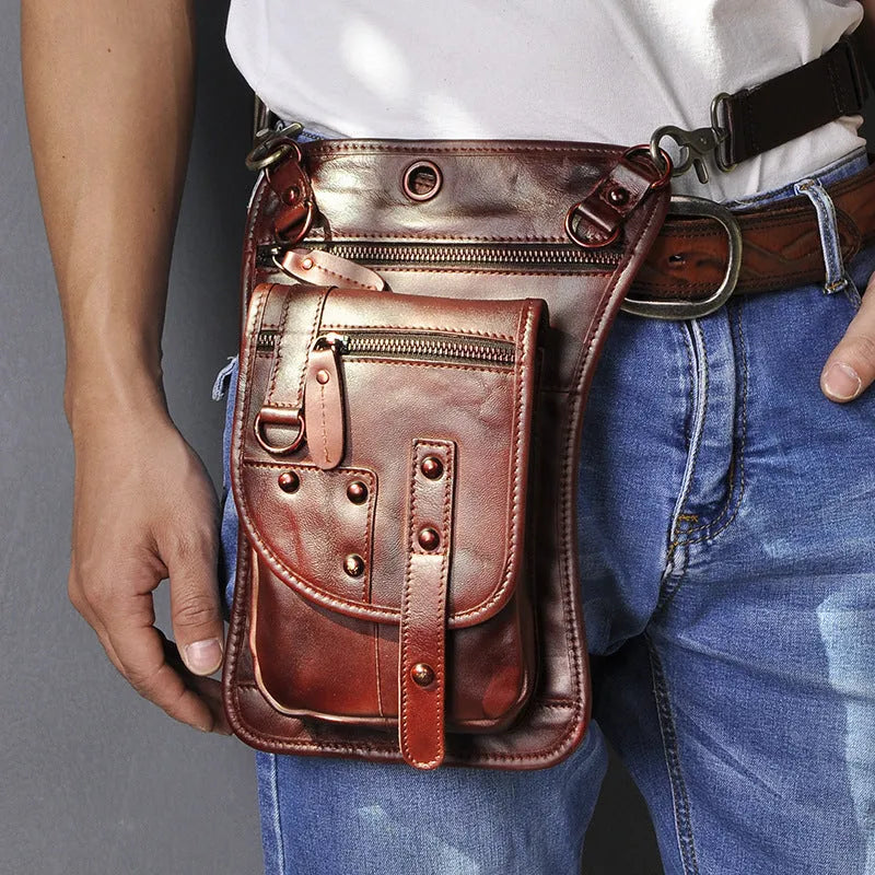Men's black genuine cowhide leather fanny pack with zipper open showing internal phone and ID compartments
