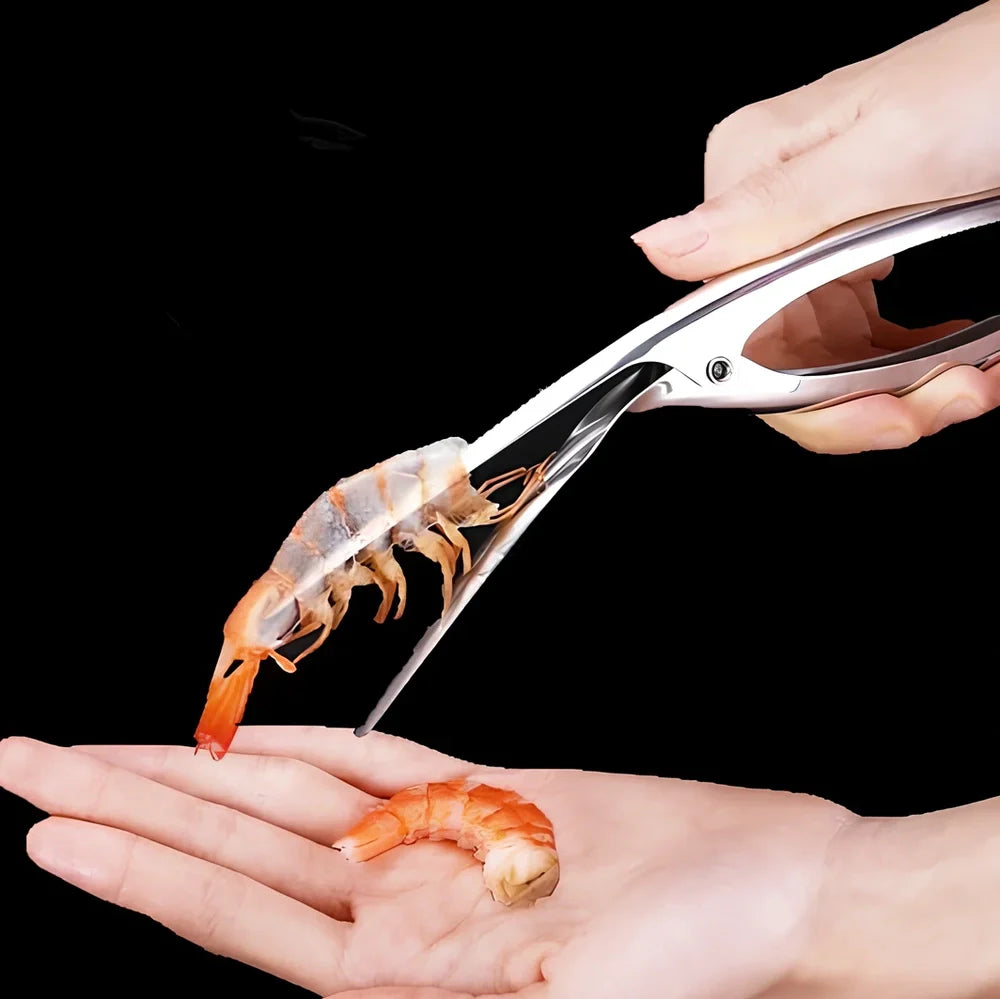 Stainless steel shrimp peeler tool with ergonomic handle for quick shellfish preparation