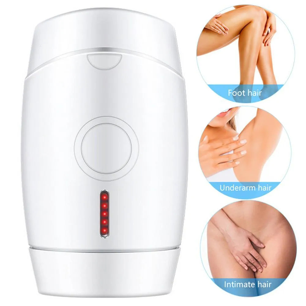 White home laser hair removal device with display, shown next to its power adapter.