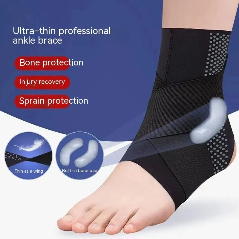 Black Lycra ankle support brace worn on an adult ankle.