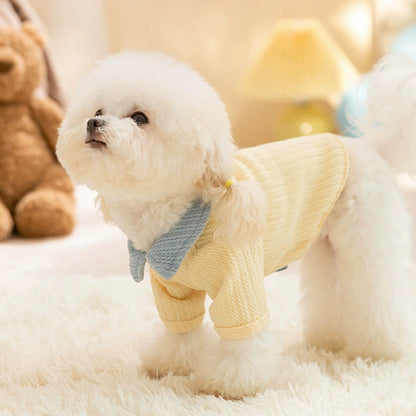 Yellow two-legged dog shirt with bow tie collar for small and medium dogs, sizes XS-XXL