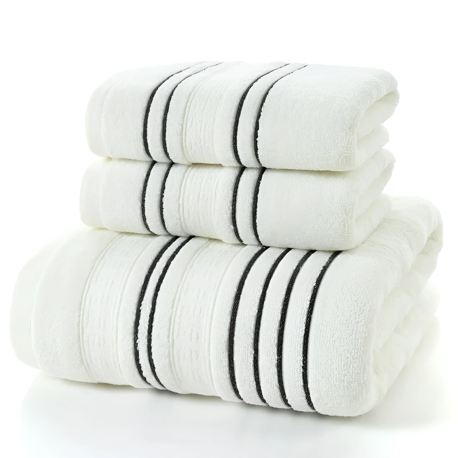 Household pure cotton towel set showing one large bath towel and two smaller hand towels in a neutral colour like grey or khaki.