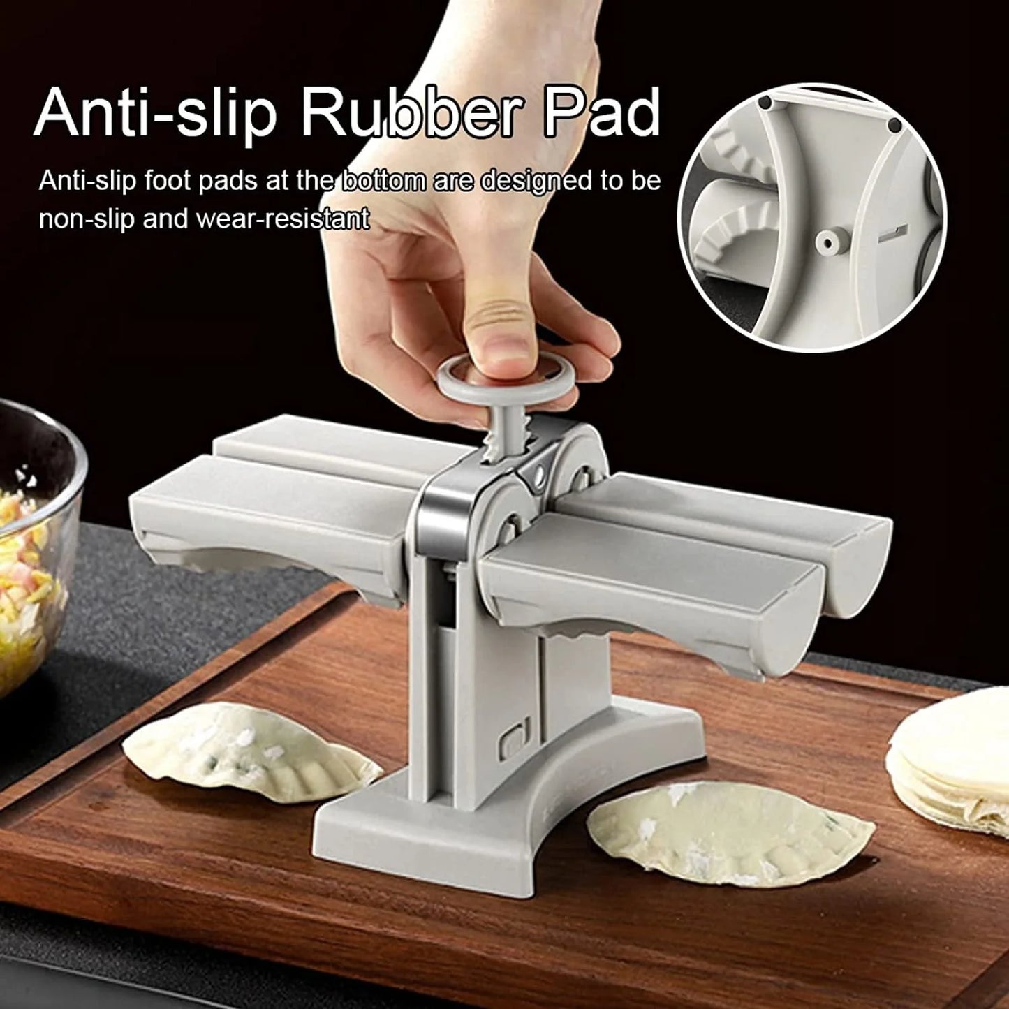 Double head dumpling mould with anti-slip base for efficient kitchen use