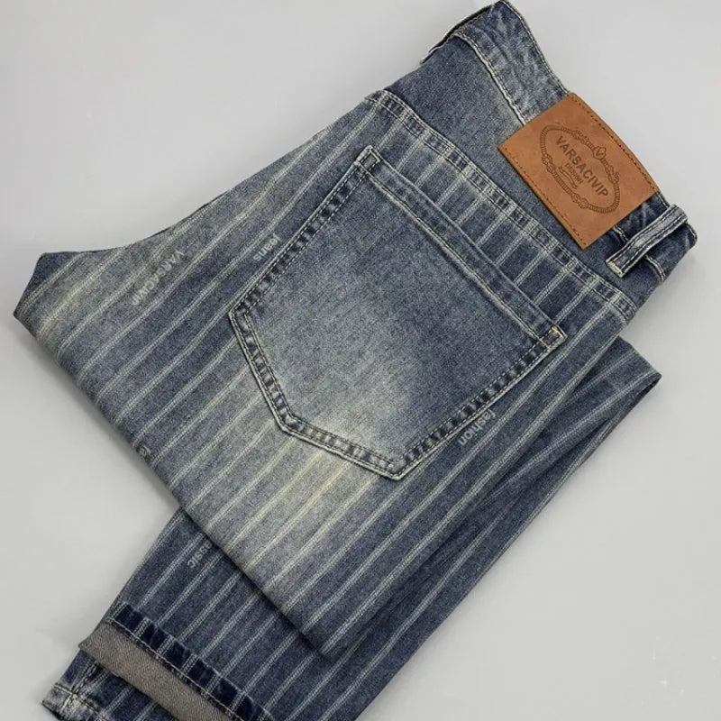 Men's Striped Cropped Jeans Thin Slim Fit Straight Leg Denim Trousers with Zipper Fly, Retro Style Spring Ankle-Length Pants, Sizes 28-38