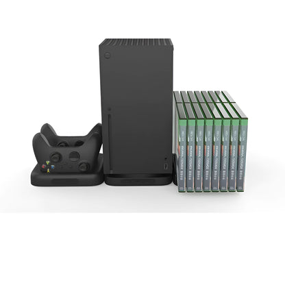 Xbox Series X three-in-one set with main unit base, controller charging station and game disc storage rack in black