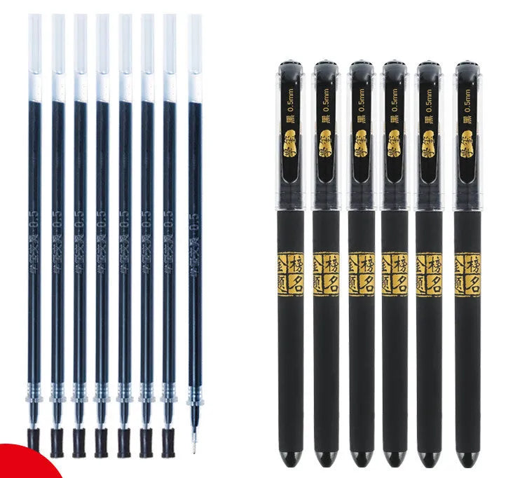 Pack of eight black gel pens with anti-fatigue grips, showing bullet and needle tip options.