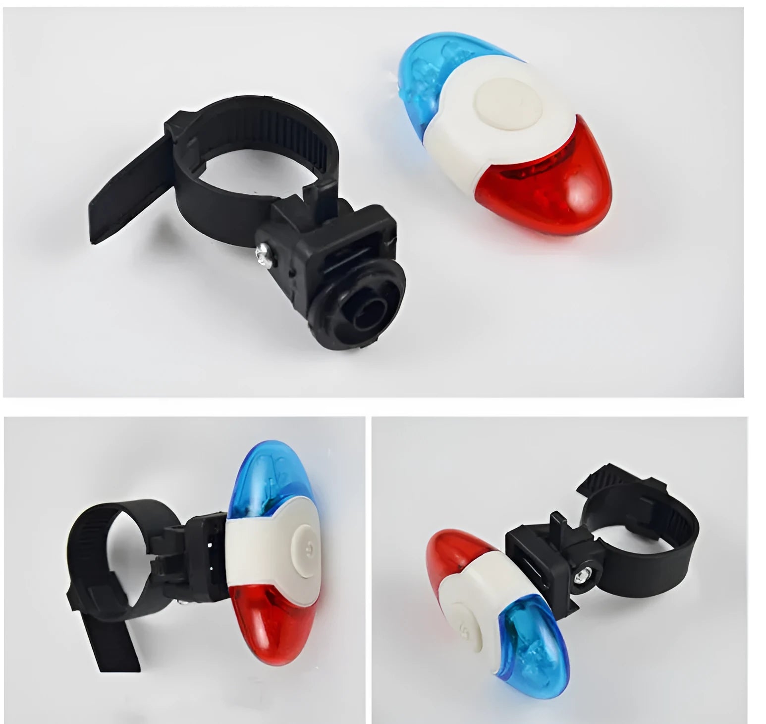 Red and blue LED tail light with adjustable mounting base shown in horizontal and vertical positions.