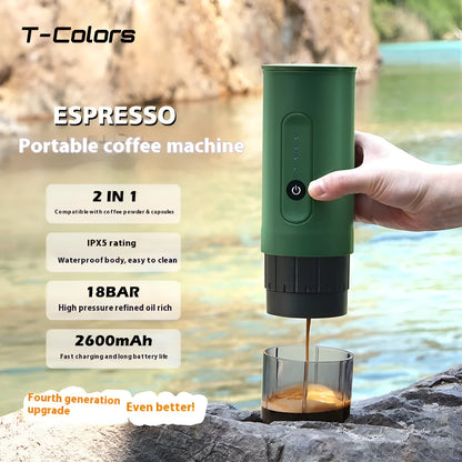 Portable stainless steel coffee machine with car charger power cord in Jungle Green colour.