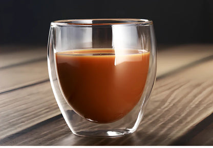 Chinese style double-layer glass coffee cup showing heat-resistant construction and traditional design elements