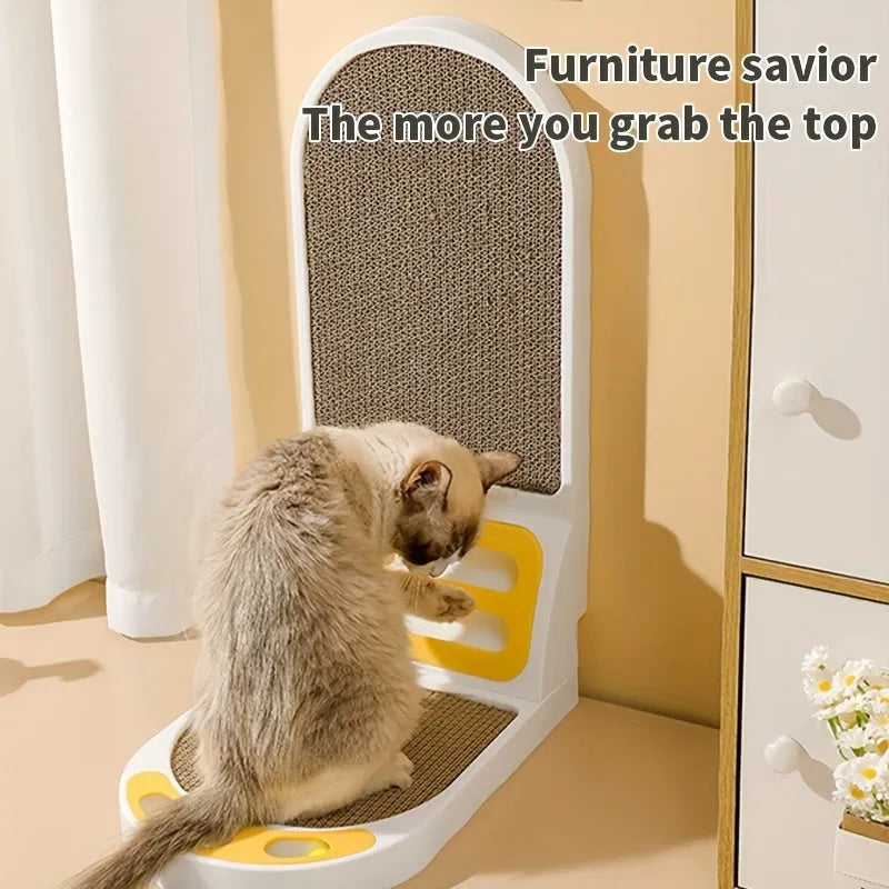 Grey L-shape cat scratching board with sisal surface, shown vertical against a wall.