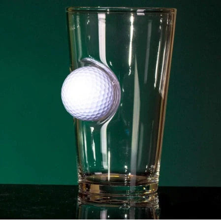 Elegant beverage glass with a unique golf ball embedded within the crystal-clear borosilicate frame, perfect for serving cocktails, iced tea, and desserts.