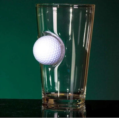 Elegant beverage glass with a unique golf ball embedded within the crystal-clear borosilicate frame, perfect for serving cocktails, iced tea, and desserts.