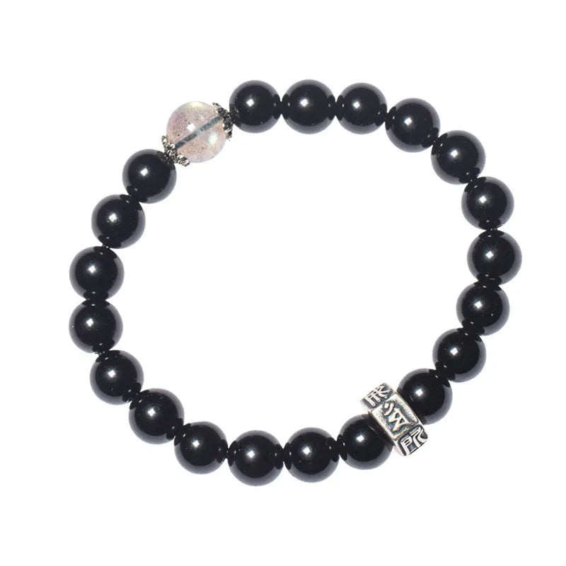 Obsidian bead bracelet with zodiac animal and Buddhist bodhisattva inlay designs.