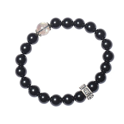 Obsidian bead bracelet with zodiac animal and Buddhist bodhisattva inlay designs.