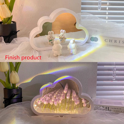 DIY Tulip Night Lamp with decorative mirrors and LED lighting in pink, purple, and blue