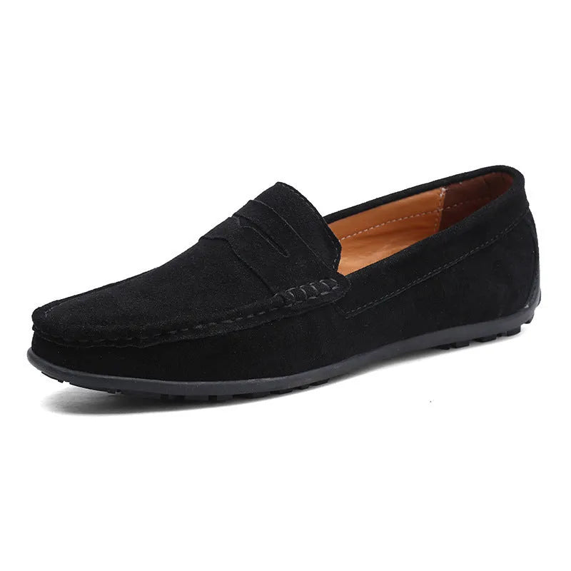 Men's suede casual loafers in brown with a round toe and rubber sole, shown in a UK plus size.