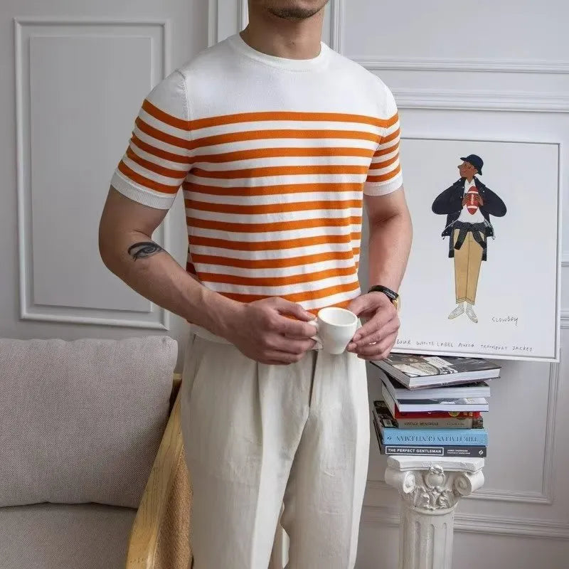 Men's striped short sleeve polyester T-shirt, pullover summer top, blue orange or white, sizes M to XXXL