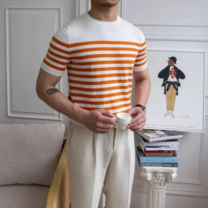 Men's striped short sleeve polyester T-shirt, pullover summer top, blue orange or white, sizes M to XXXL