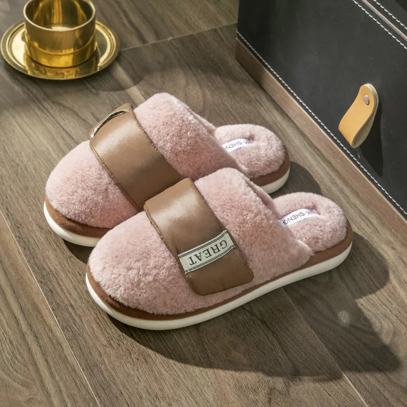 Beige Velcro-fastening plush indoor slippers with round toe and non-slip plastic sole.