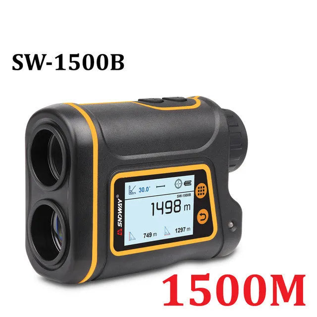 Outdoor handheld golf rangefinder showing compact design with display screen and measurement buttons