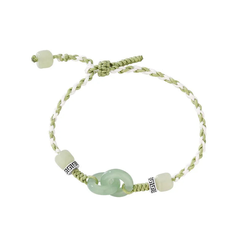 Green jade colour woven women's bracelet with a copper peace buckle and double ring design