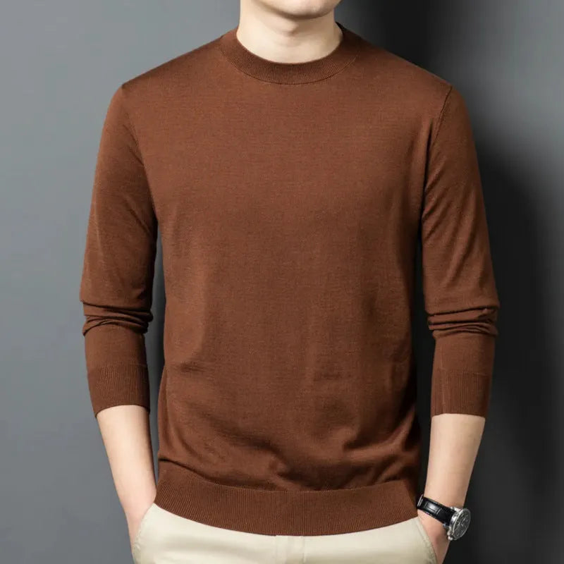 Men's round neck long sleeve pullover sweater in a Mulberry Silk and Wool blend for winter.